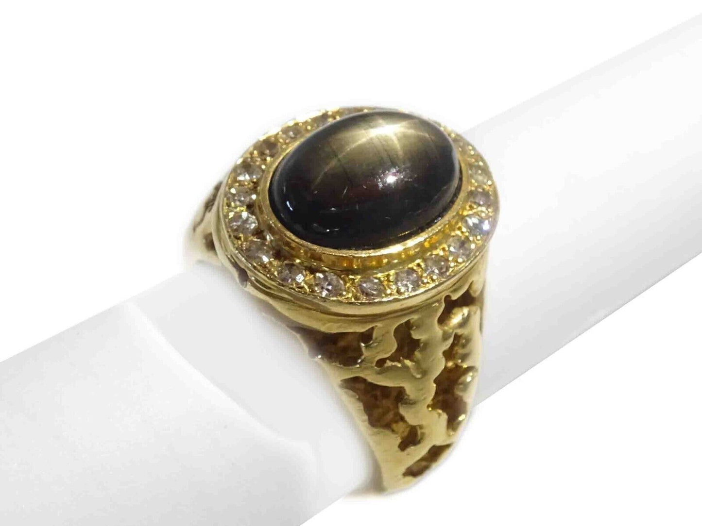 Men's Large Black Star Sapphire & Diamond Halo Ring 14k Gold Size 9