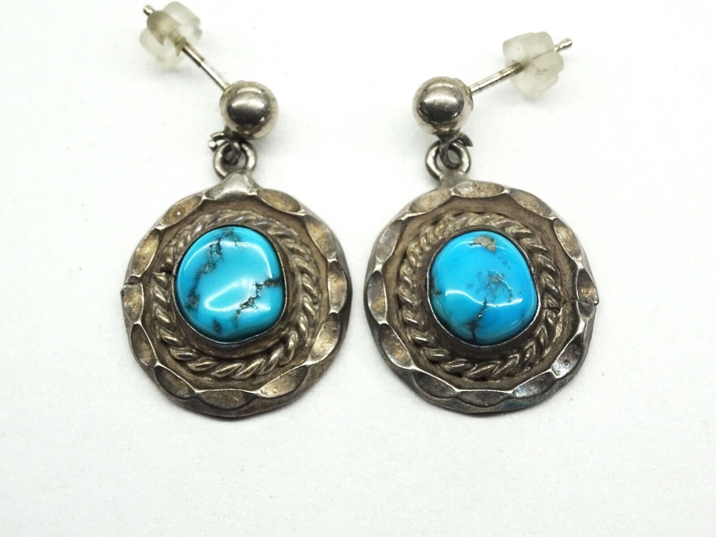 Vintage Signed Handcrafted Turquoise Nugget Dangle Earrings Sterling Silver