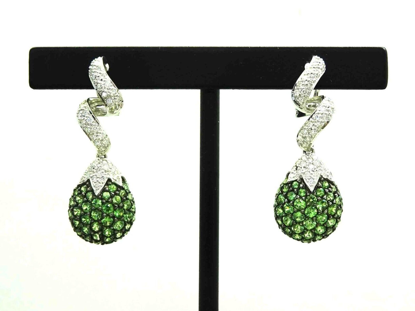 3.95ct tw Natural Green Tsavorite Pave & Diamond Drop Earrings 18k White Gold