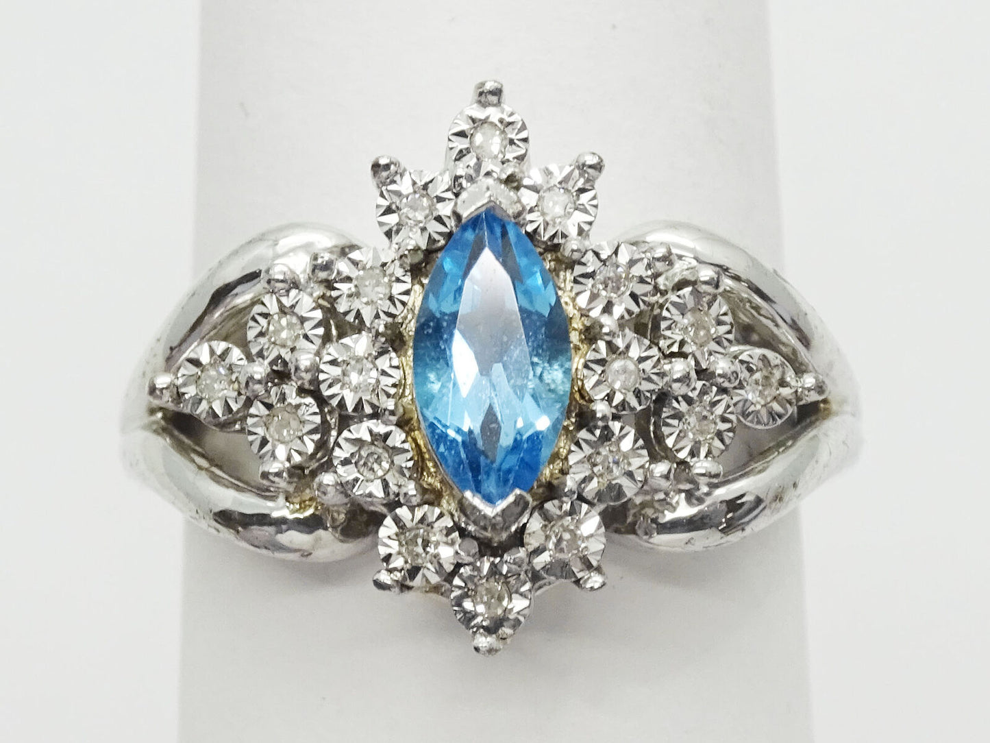 1.5ct tw Marquise Blue & White CZ Burst Filigree Sterling Silver Ring Size 7