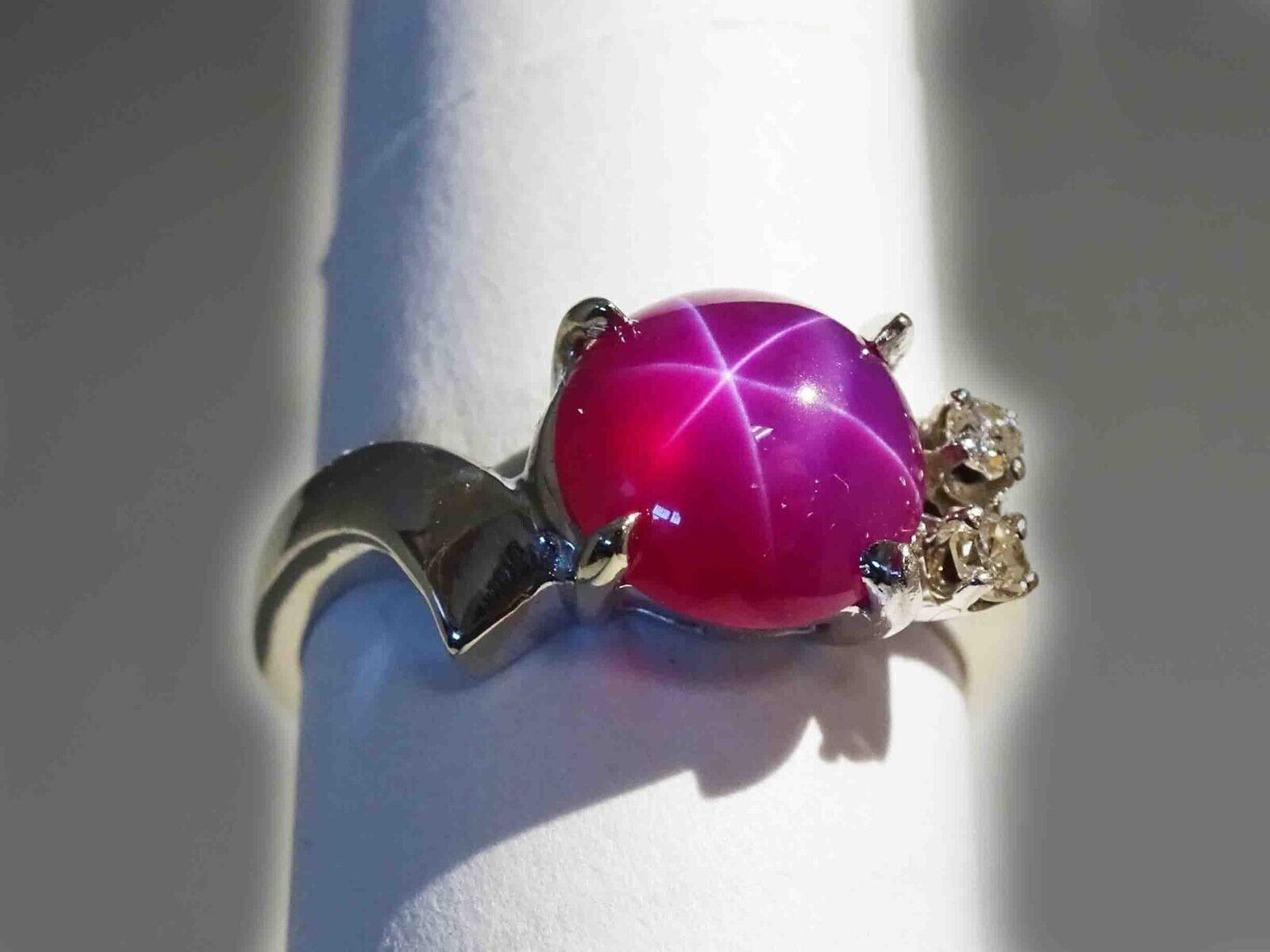 Vintage Lab-Created Lindy Star Ruby & Natural Diamond Ring 14k White Gold Sz 3.5