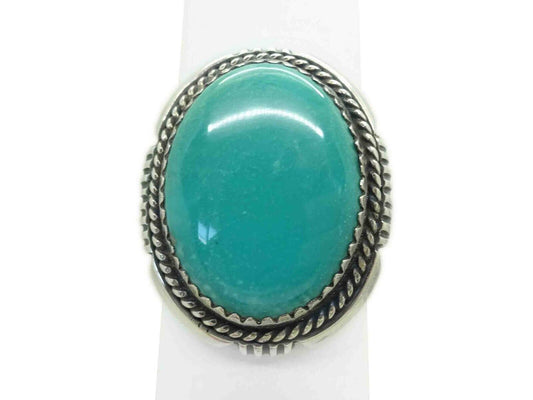 Navajo Artisan Denetdale Oval Turquoise Cabochon Ring Sterling Silver Size 9.5