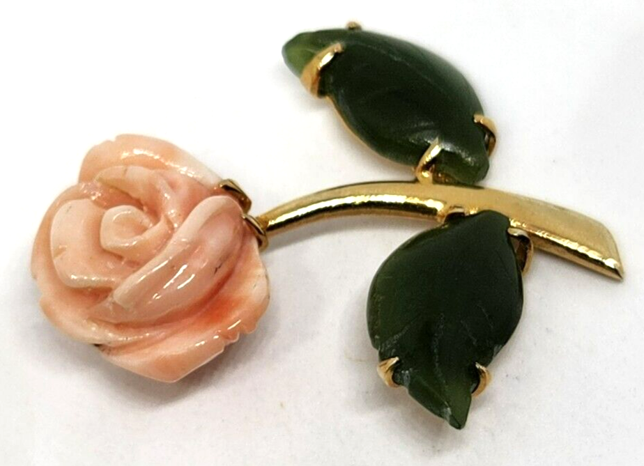 Carved Angel Skin Coral Rose Flower Nephrite Petals Gold Filled Pendant