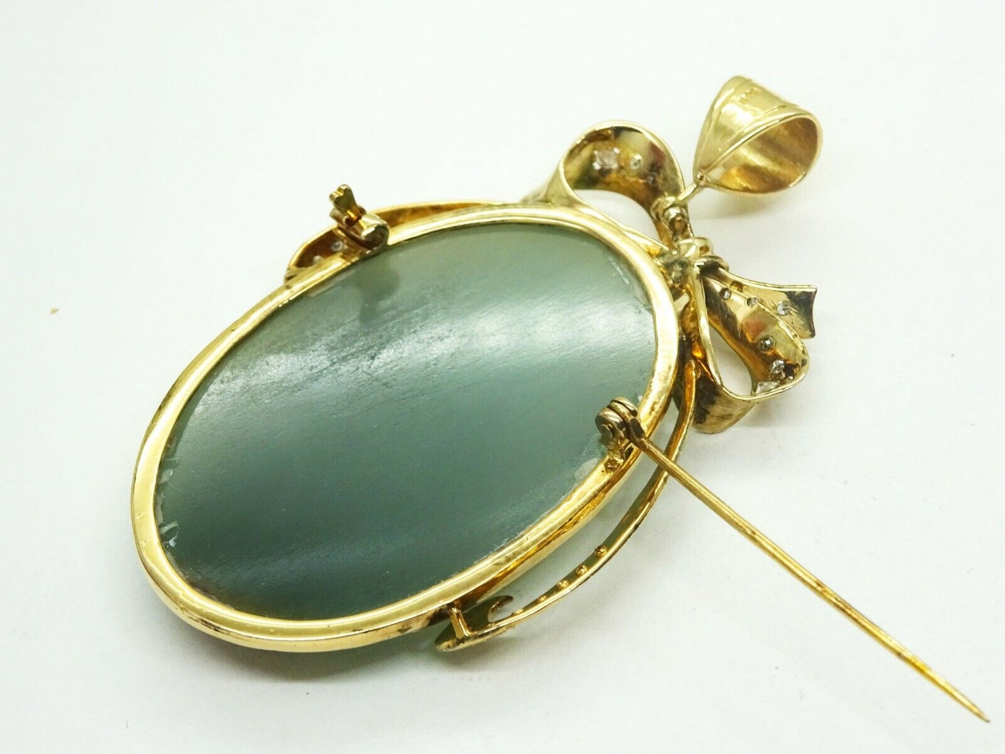 Natural Jadeite & Earth Mined Diamond Ribbon Brooch Pendant 14k Mason-May Report