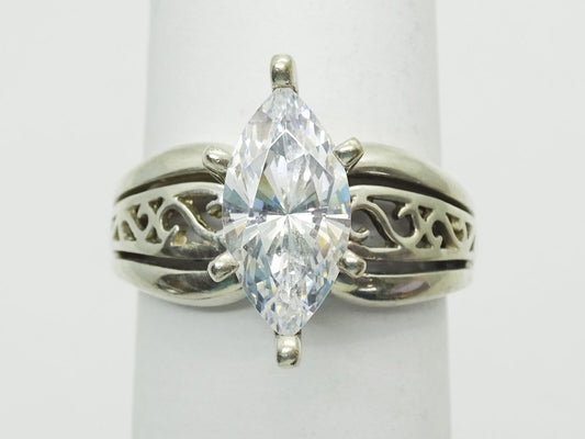 2ct Marquise CZ Sterling Silver Filigree Ring Size 6