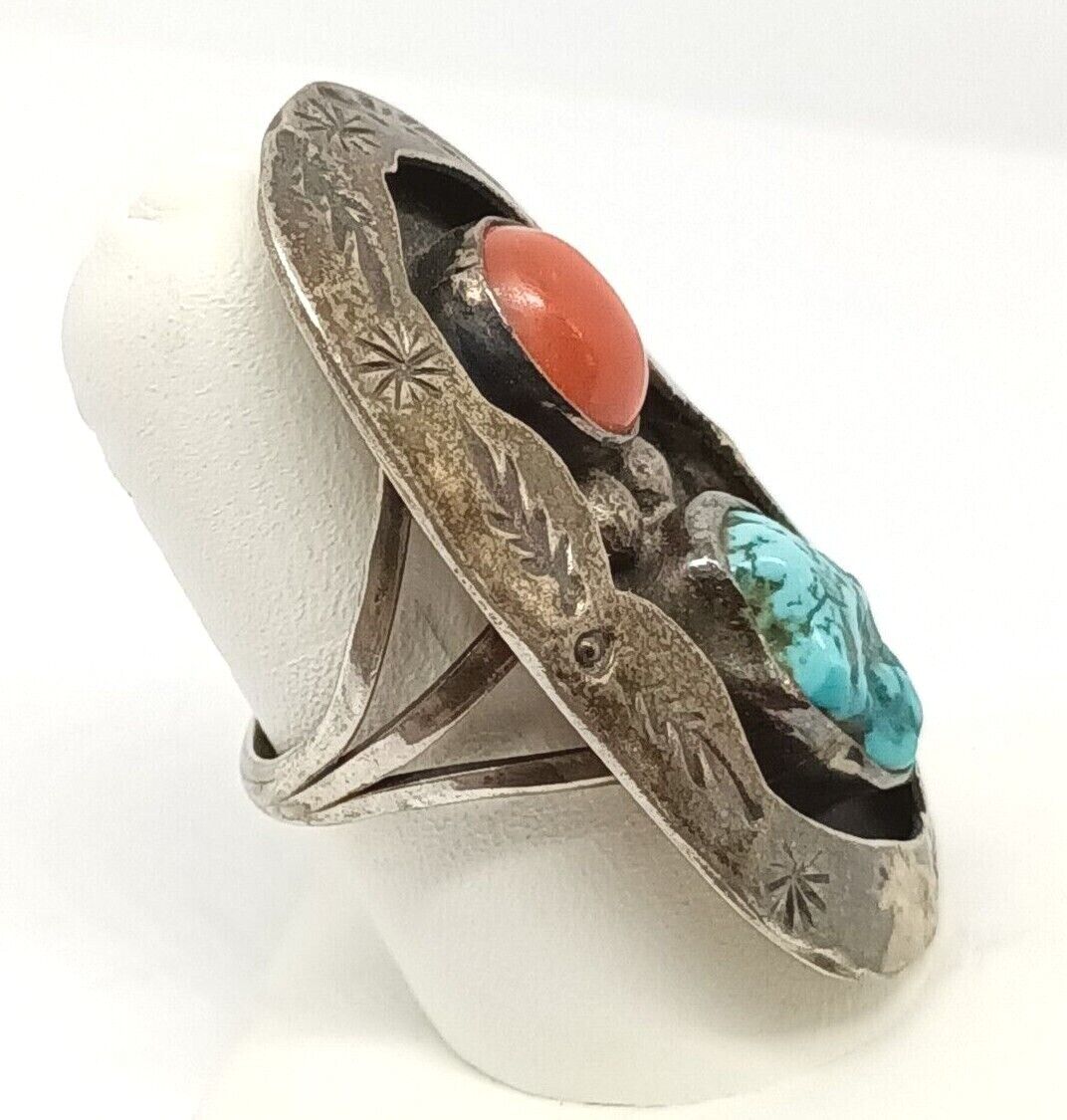 Native American Navajo Sterling Spiderweb Turquoise & Coral Ring, Signed PVC