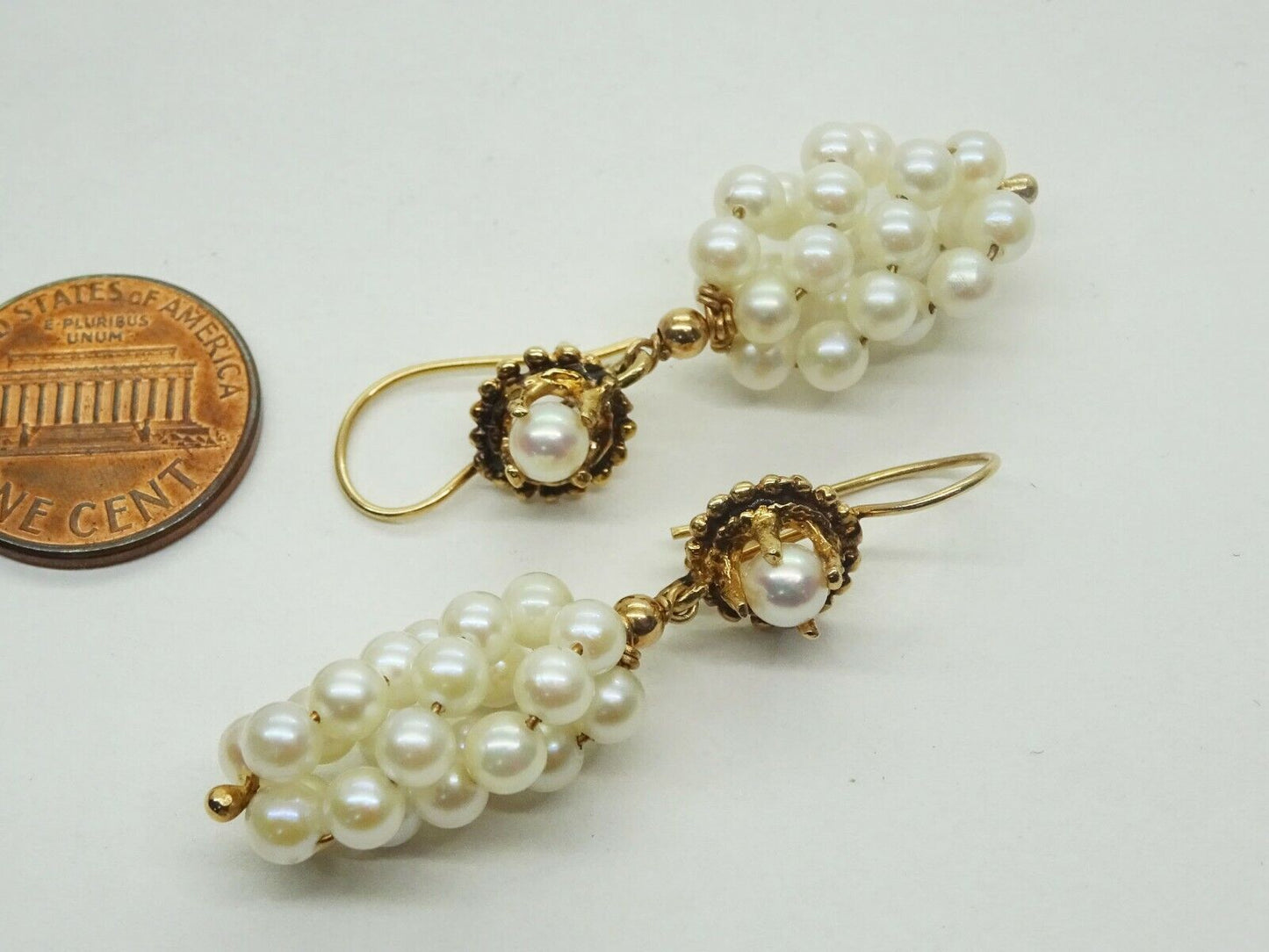 Estate Cluster Akoya Pearl Earrings & Ring Set 14k Gold Size 7