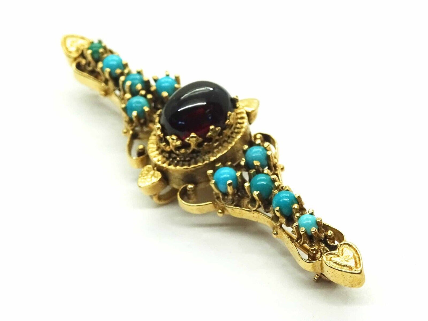 Antique Natural Garnet & Turquoise Watch Holder Brooch Pin 14k Gold Signed SB