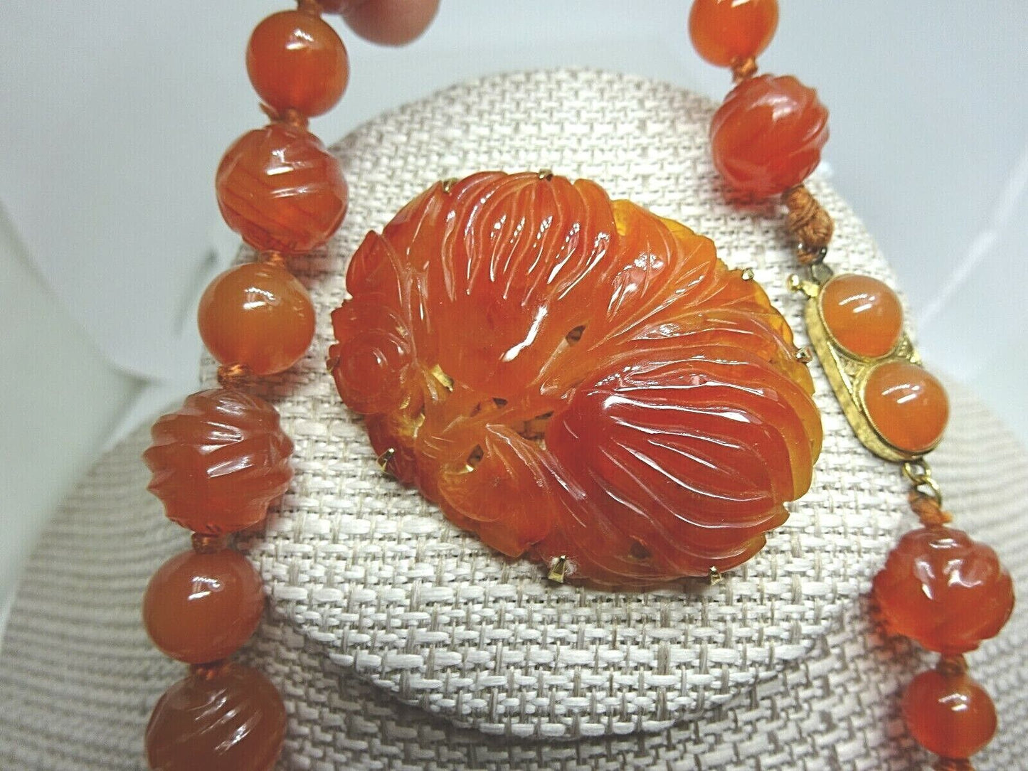 Vintage Carnelian Hand Knotted Carved Bead Necklace & Brooch Set 14k Gold Clasp