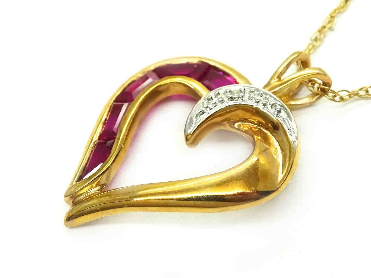 CZ & Natural Ruby Heart Half Charm Pendant Necklace 10k Gold