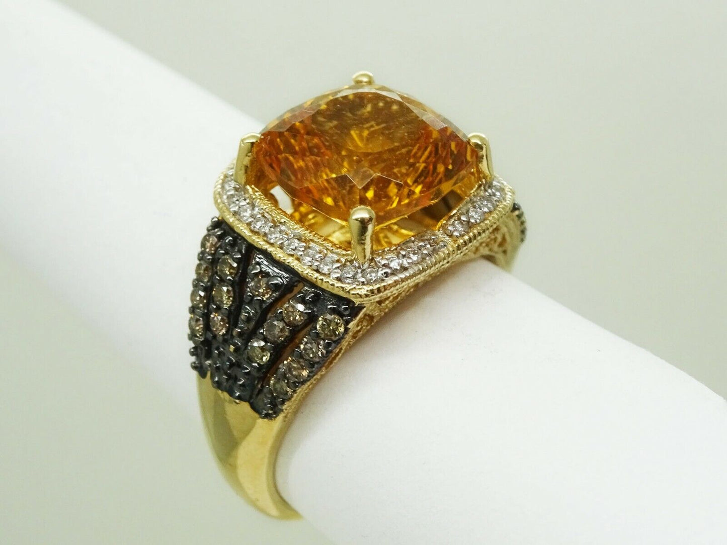 LeVian Citrine Cushion & Chocolate Vanilla Diamond Ring 14k Gold Size 6.75