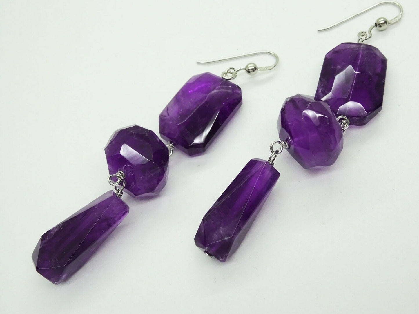 Natural Amethyst Faceted Crystal Chunk Dangle Sterling Silver Earrings