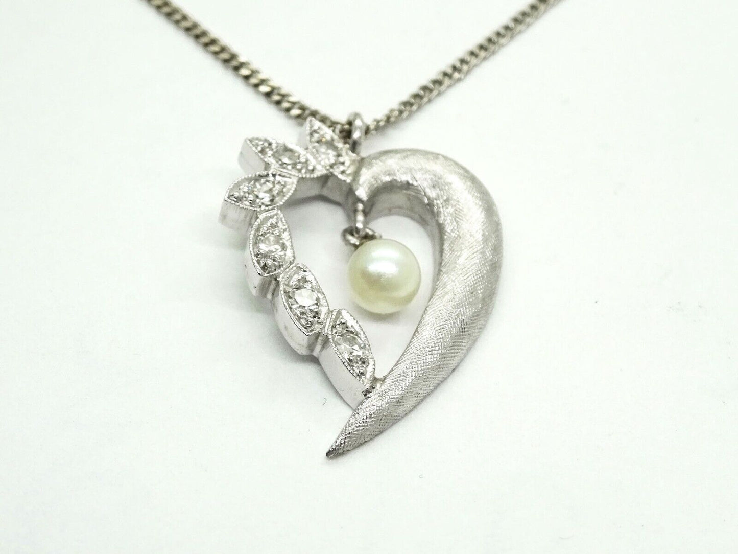 Pearl Dangle & Diamond Open Heart Pendant 14k White Gold Chain 10k White Gold