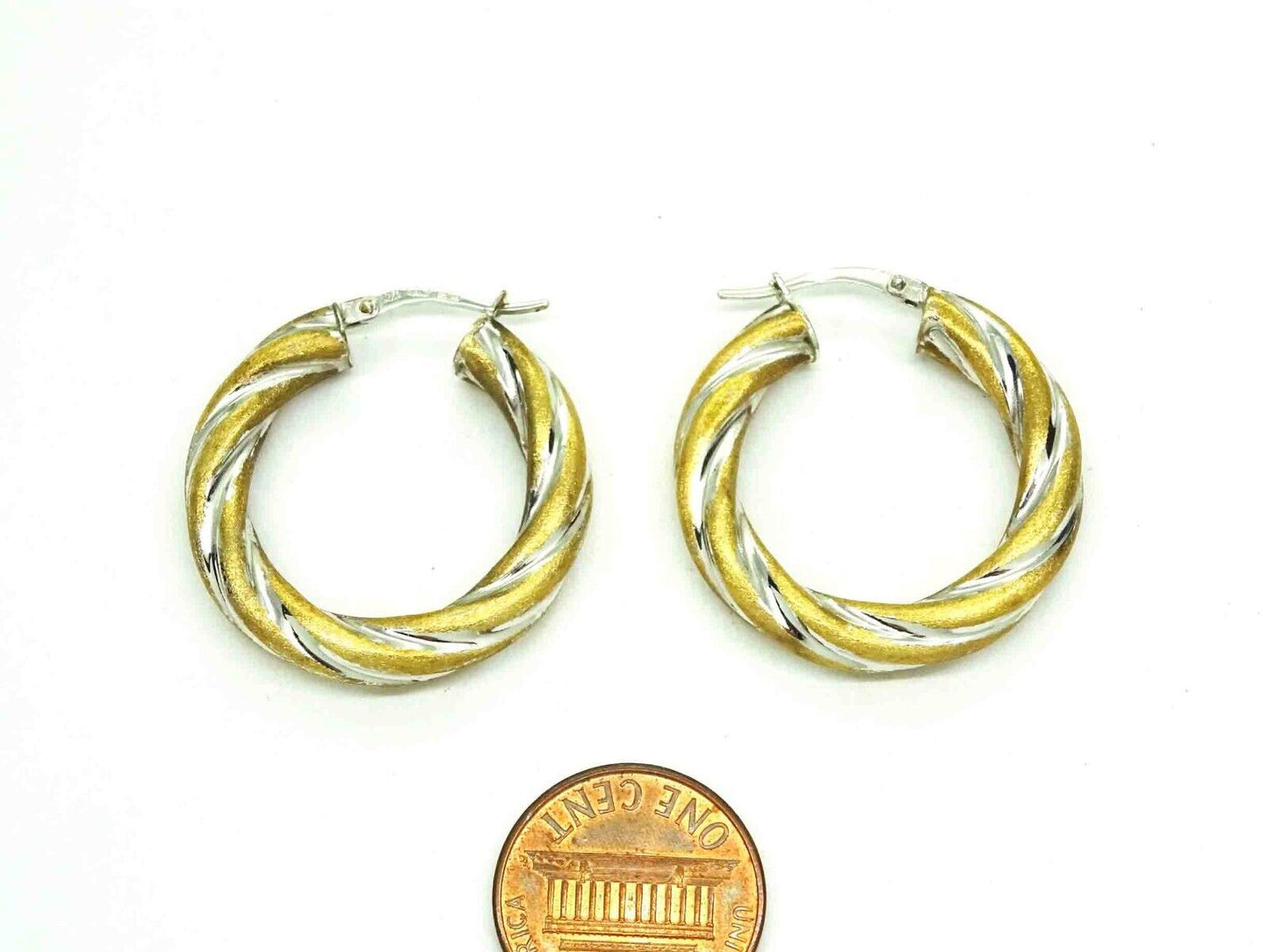 Designer OTC Italian Puffy Twist Style Hoop Earrings 14k Two-Tone Gold