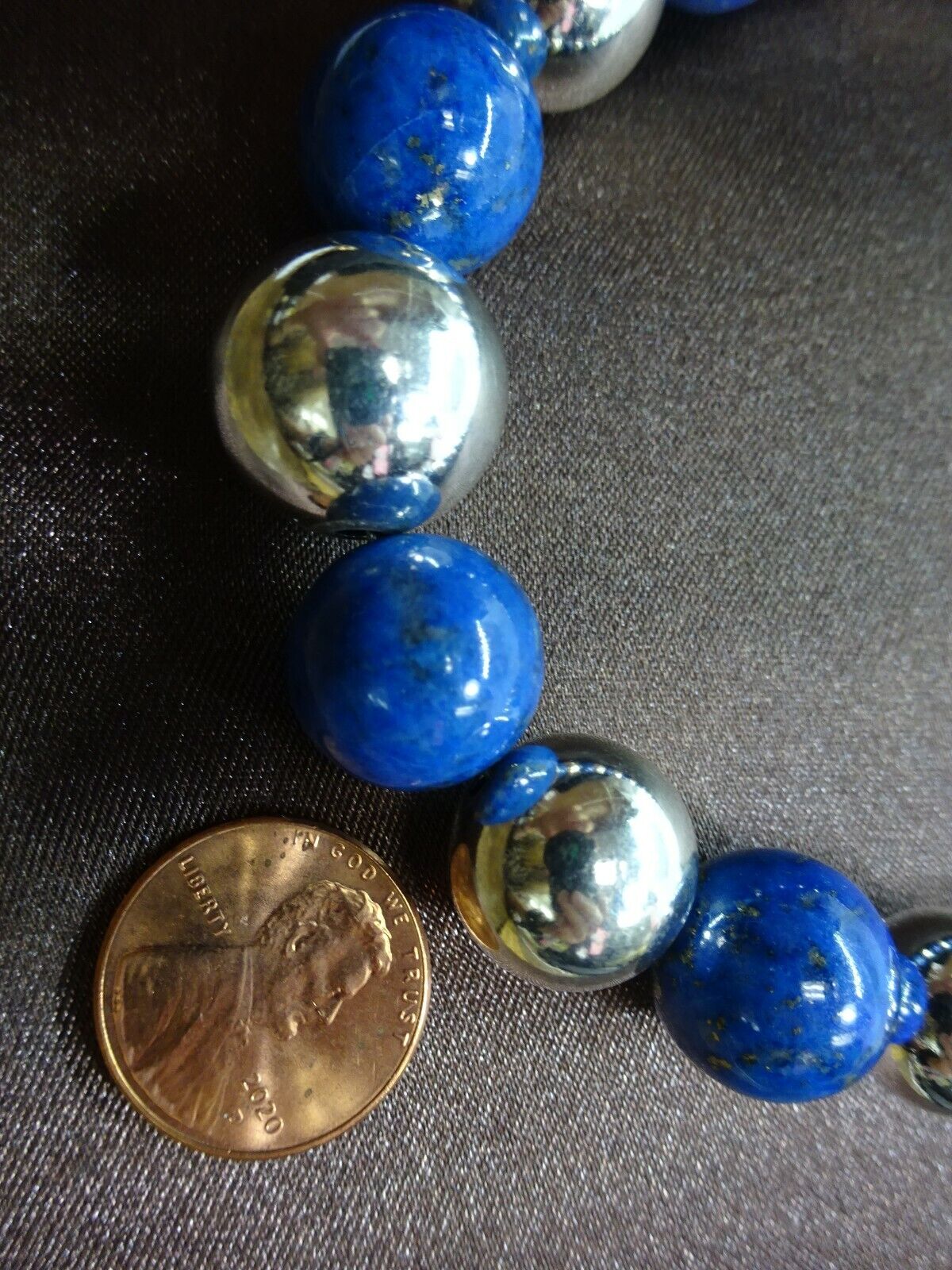 Natural Lapis Lazuli and Sterling Silver Bead Necklace 30" Extra Long