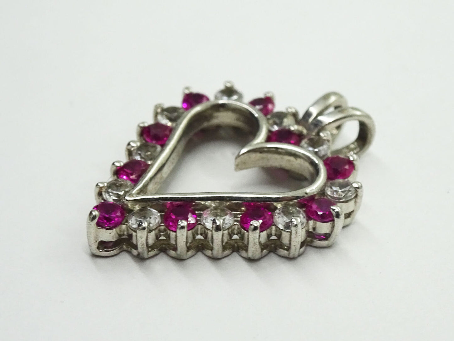 Ruby & CZ Open Heart Pendant Rhodium Plated