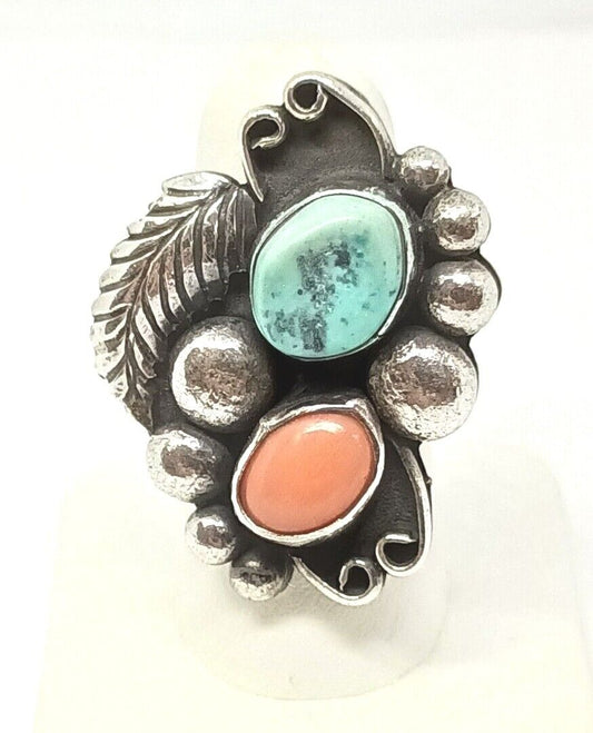 Old Pawn Navajo Sterling Silver Turquoise Coral Ring, Signed X, Size 6