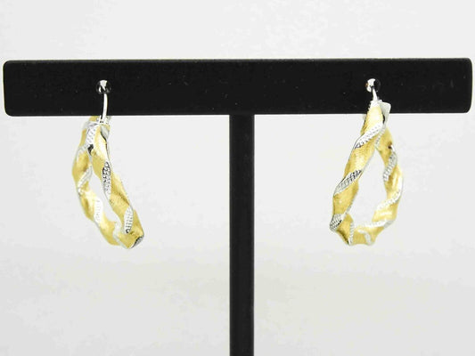 Italian Two-Tone Dia-Cut Twist Hoop Earrings 18k Yellow & White Gold