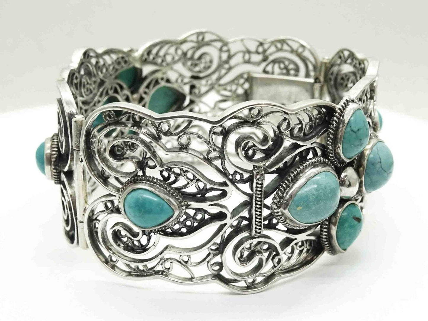 Turquoise Cabochon Openwork Filigree Hinged Bangle Bracelet Sterling Silver