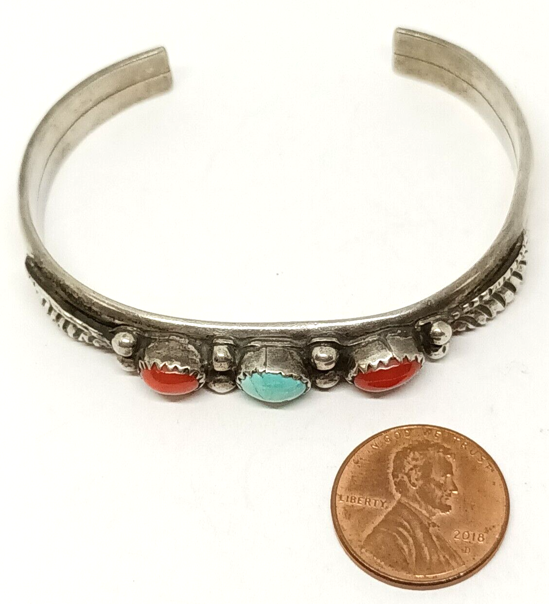 Alice Long Native American Turquoise & Coral Sterling Silver Cuff Signed 24.2g