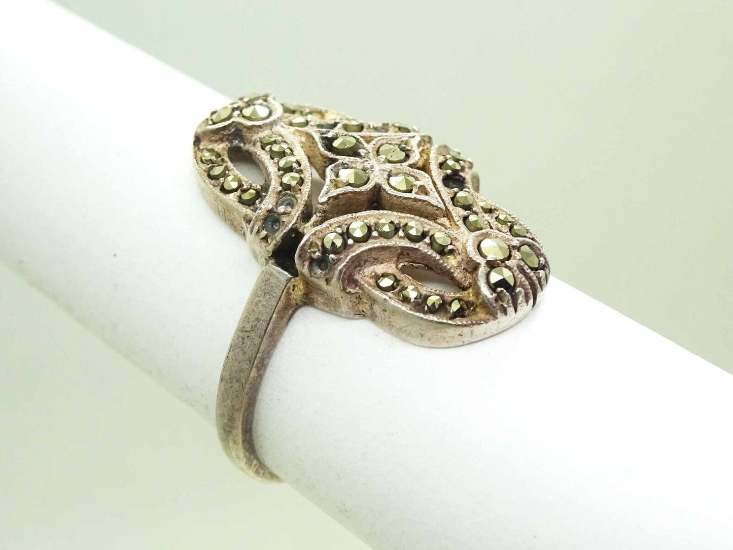 Antique Marcasite Filigree Ring Sterling Silver Size 7.25