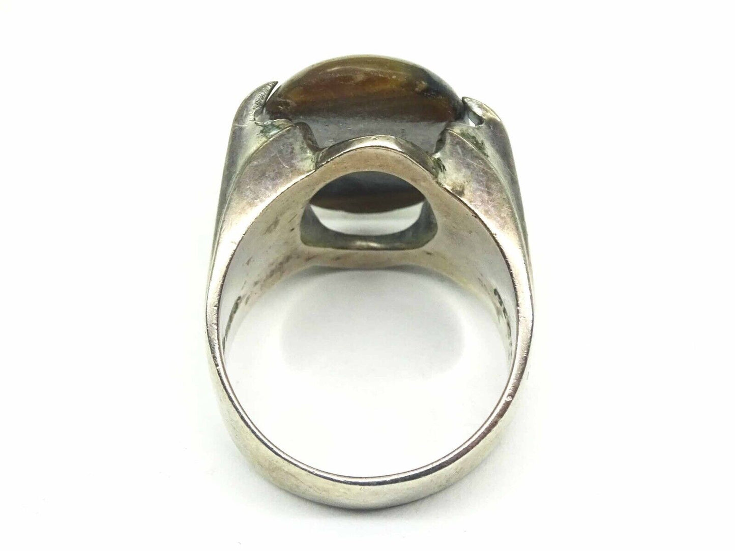 Large Oval Tiger’s Eye Cabochon Ring Solid Sterling Silver Size 10.5