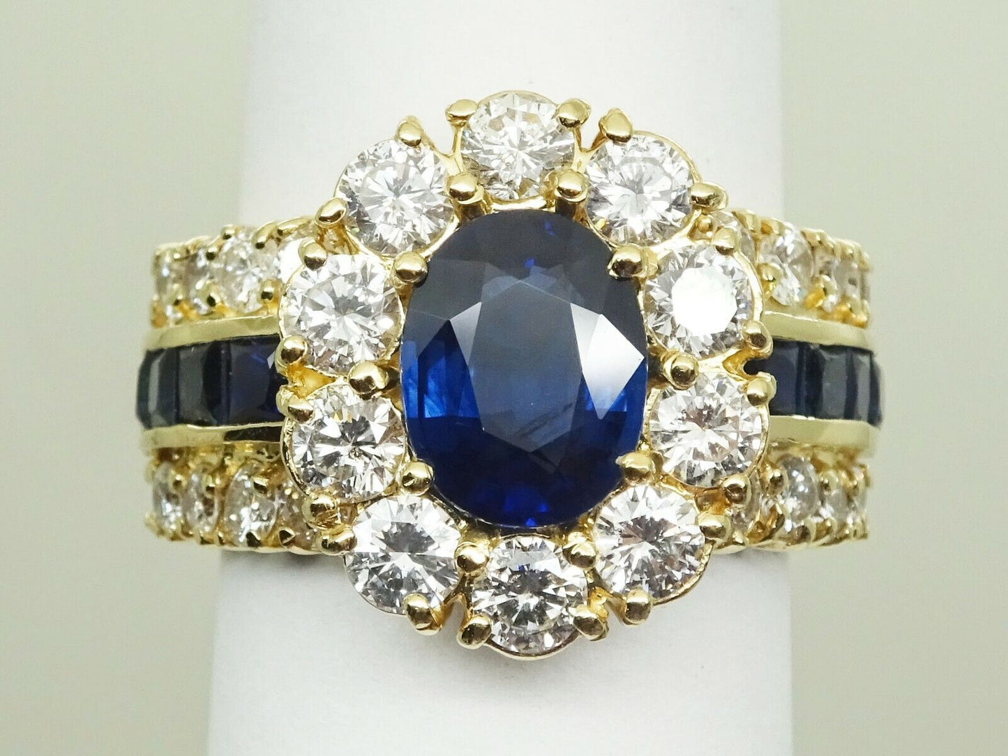 5.36ct tw Natural Sapphire & Earth Mined Diamond 3-Row Ring 14k Gold Size 6.75