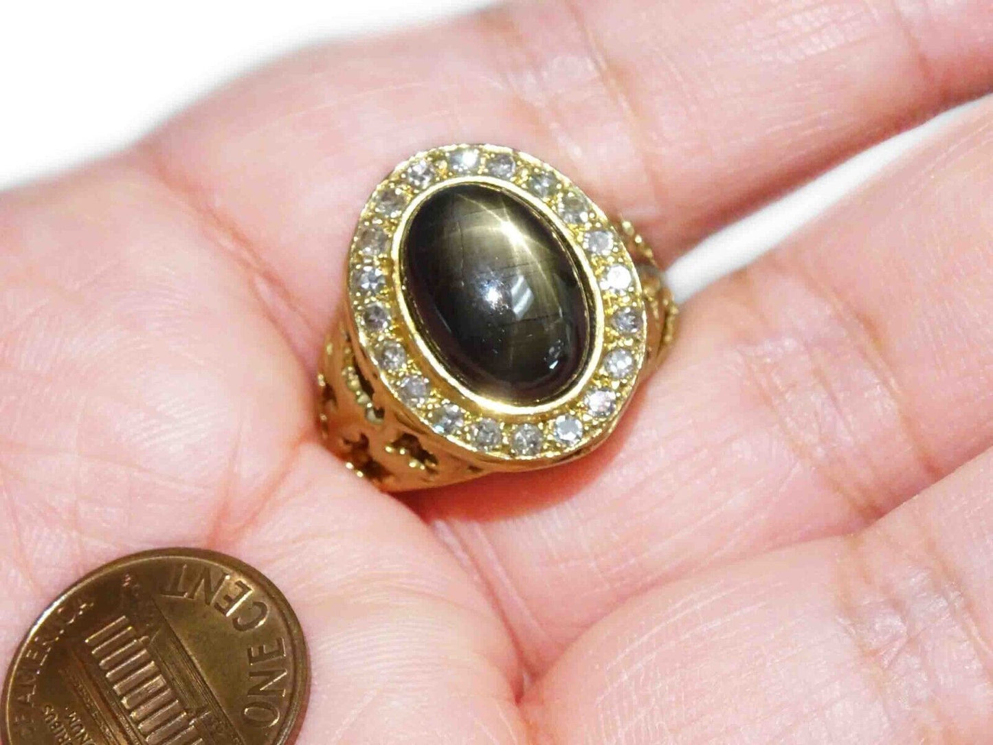 Men's Large Black Star Sapphire & Diamond Halo Ring 14k Gold Size 9