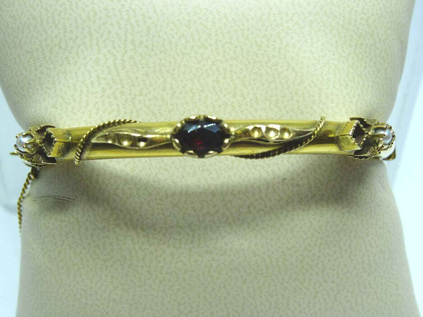 Vintage 14k .50CTW Garnet & Seed Pearl Hinged Bangle Bracelet, Safety Chain