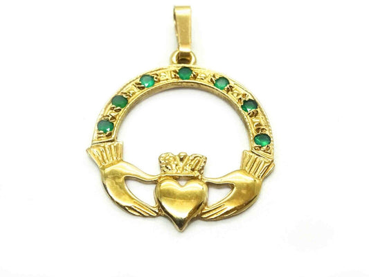 0.15ct tw Natural Emerald Claddagh Charm Pendant 9k Gold 1.6 Grams