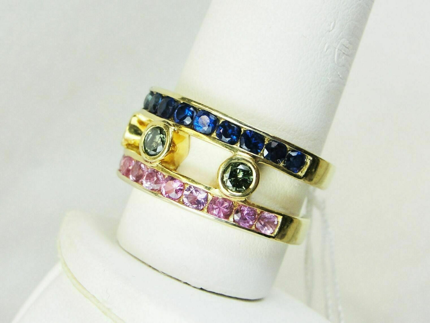 2.31ct tw Green Diamond, Blue & Pink Sapphire 18k Gold Semi-Eternity Ring, Sz.9