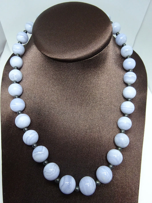 12mm Wide Blue Lace Agate Sterling Silver Bead Necklace 18" Long Magnetic Clasp