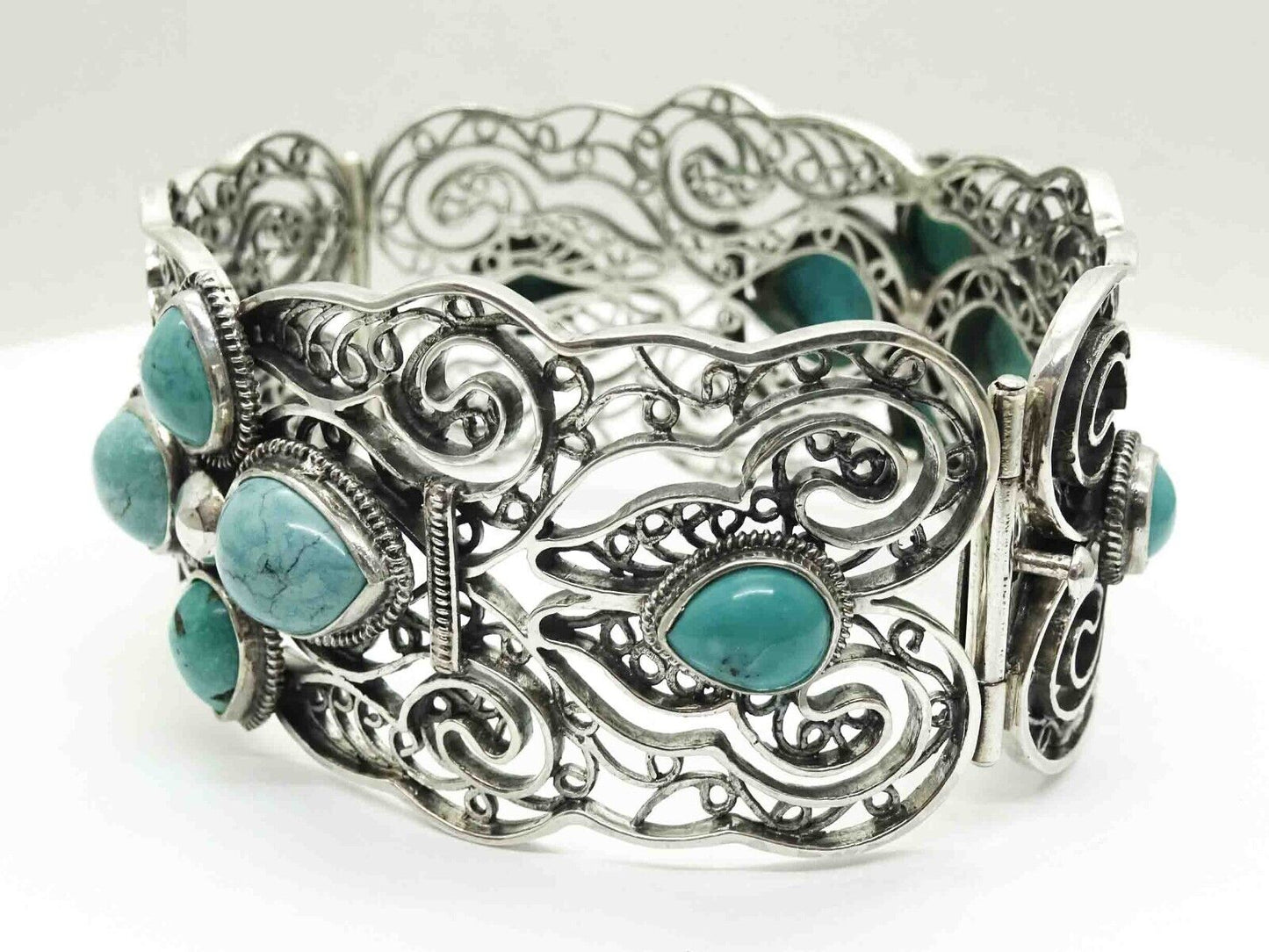 Turquoise Cabochon Openwork Filigree Hinged Bangle Bracelet Sterling Silver