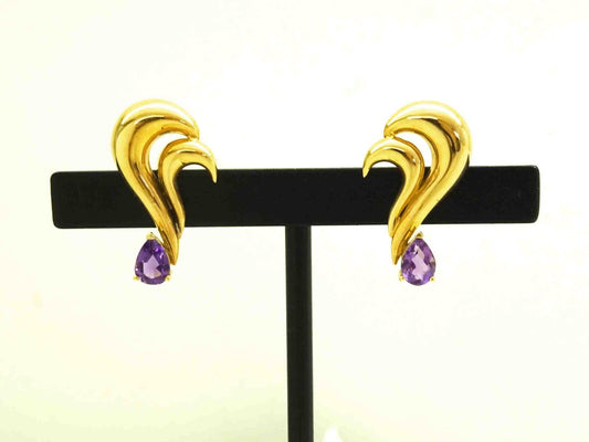 1.00ct tw Pear Natural Amethyst Swirl Ribbon Design Drop Earrings 14k Gold