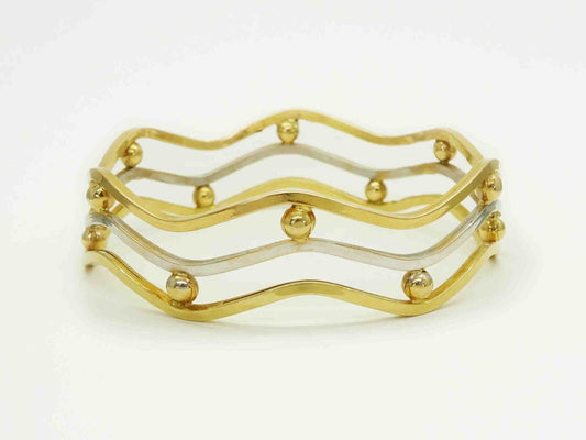 Tri-Band Wave Hollow Openwork Bangle Bracelet Two-Tone 14k Gold 15.7 Grams