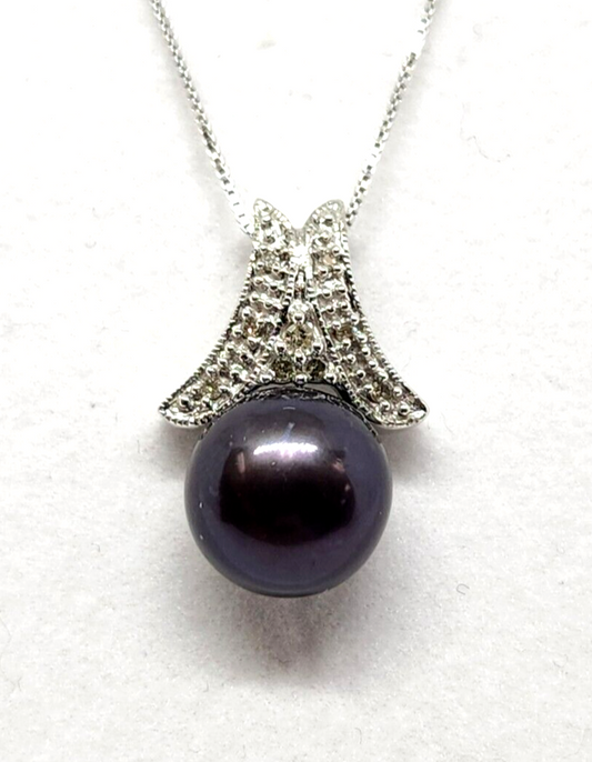 10mm Black Pearl & Diamond 10k Gold Pendant on 14k Gold Box Chain, 18'' Long