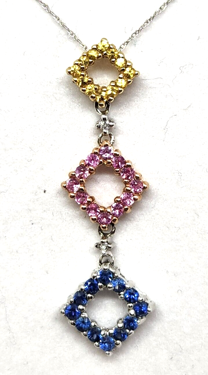 Tri-Color Sapphire & 10k Gold Necklace on 10k White Gold Chain, 18''