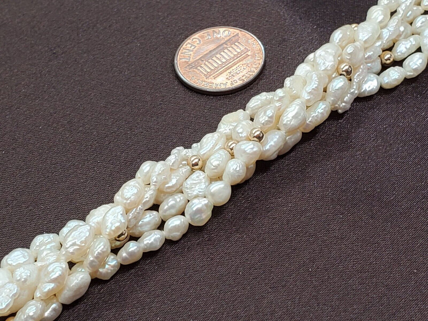 Estate Lustrous 6-Strand Rice & Baroque Pearl Necklace 14k Gold Clasp 28"