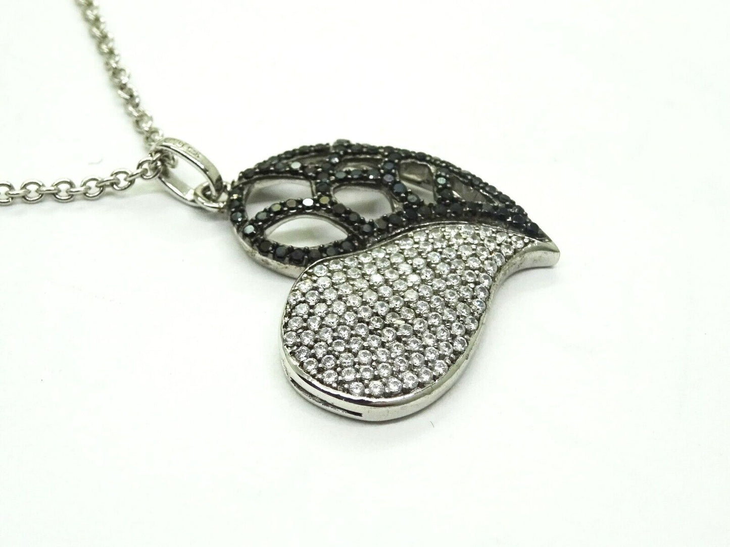 Black & White CZ Pave Half Open Heart Pendant Chain Sterling Silver