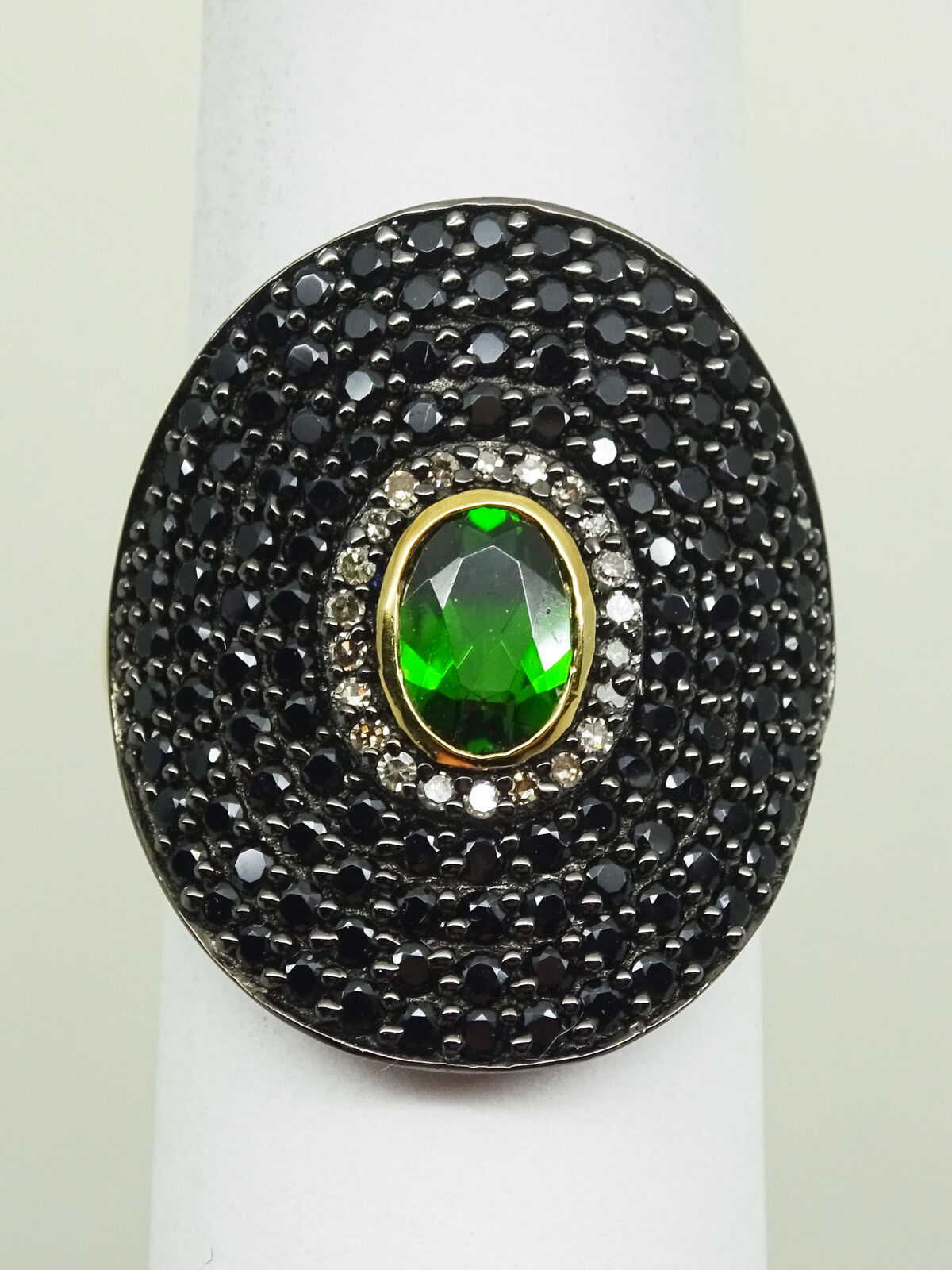 Green Tourmaline Black Spinel & CZ Vermeil Ring Sterling Silver Size 7