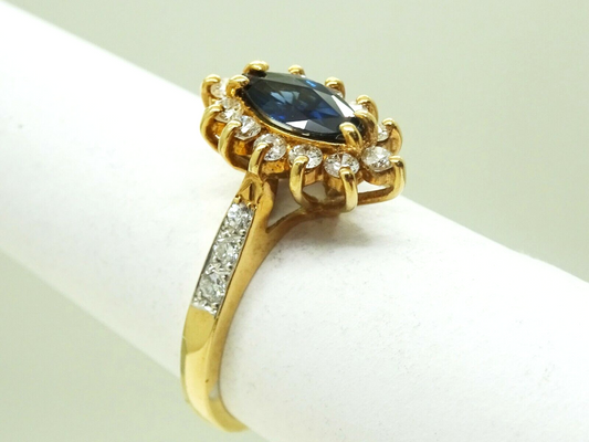 Natural Marquise Sapphire & Earth Mined Diamond Ring 14k Gold Size 5.75