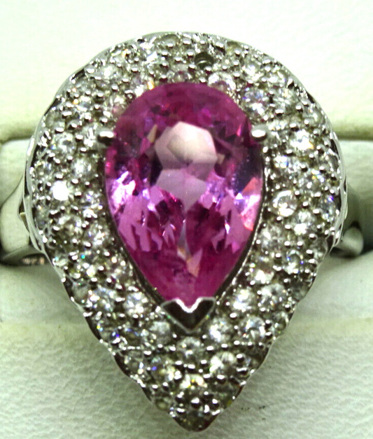 Synthetic Pink Gem & CZ Ring Rhodium Plated Sterling Silver Size 10