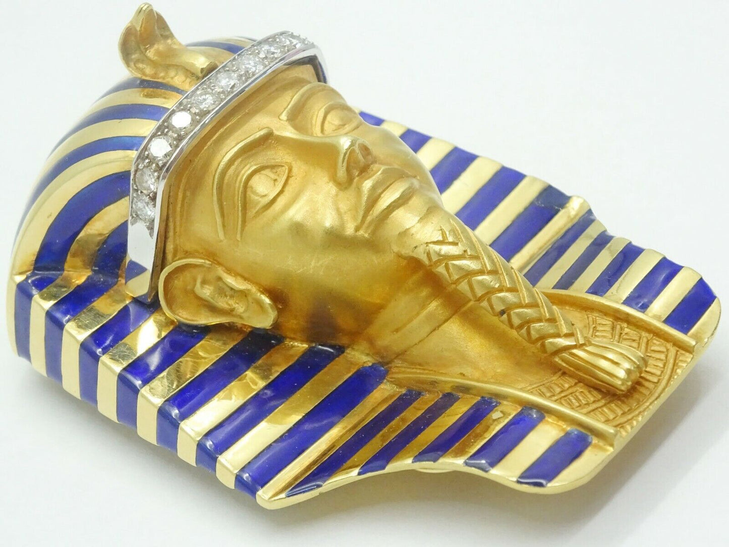 Estate King Tut Egyptian Pharaoh Head Brooch Pin 18k Gold & Enamel 104.7 g