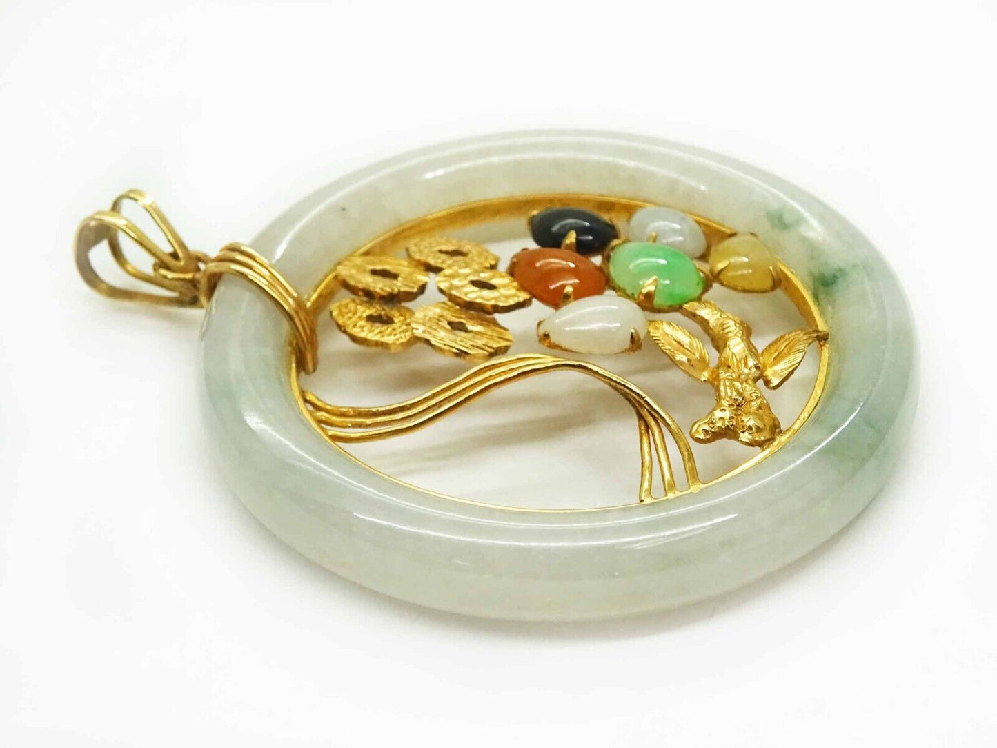 Estate Multicolor Jadeite Leaf Motif Openwork Round Pendant 14k Gold