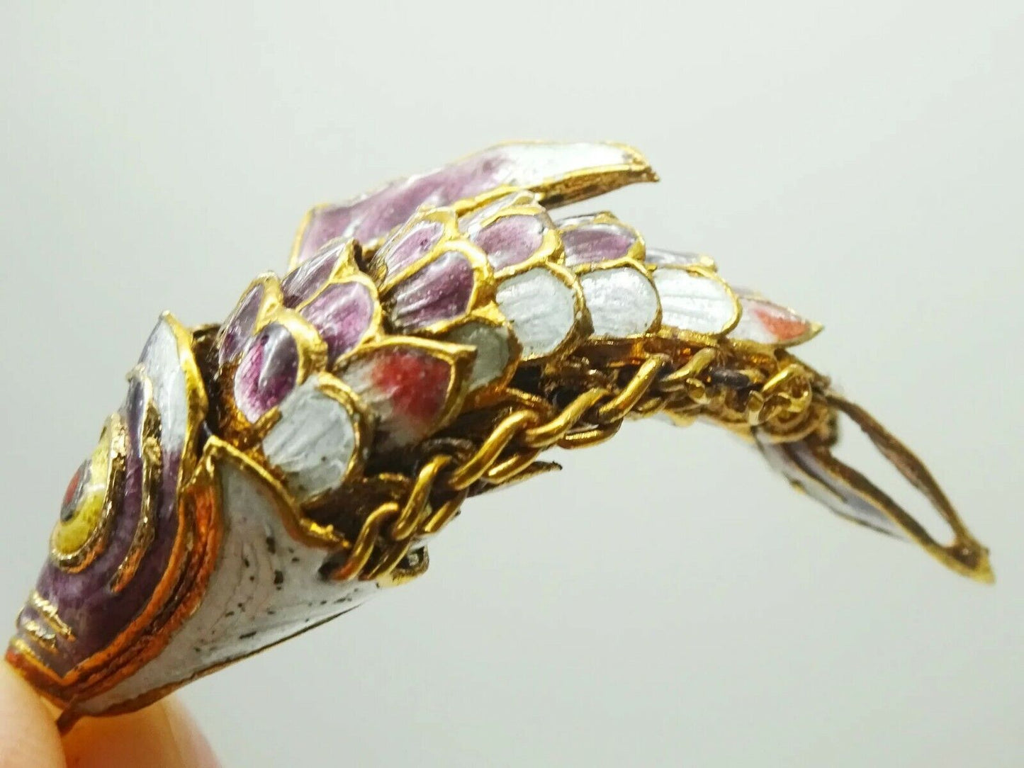 Vintage Chinese Sterling Gold Wash Purple Enamel Articulated Fish Pendant