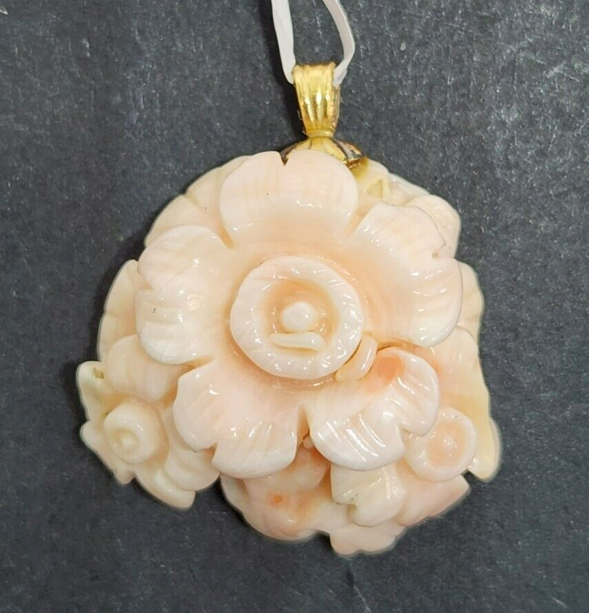 Carved Floral Angel Skin Coral Gold Filled Pendant 1" Long