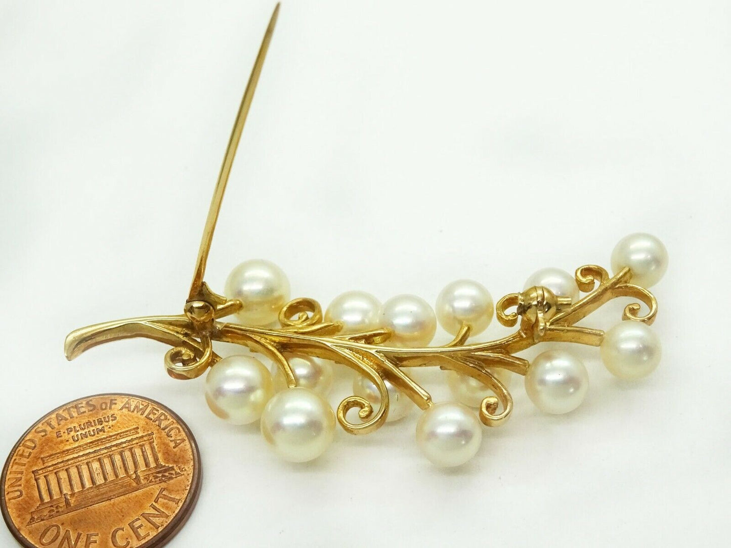 Mikimoto Akoya Pearl Swirling Branch Brooch Pin 14k Gold