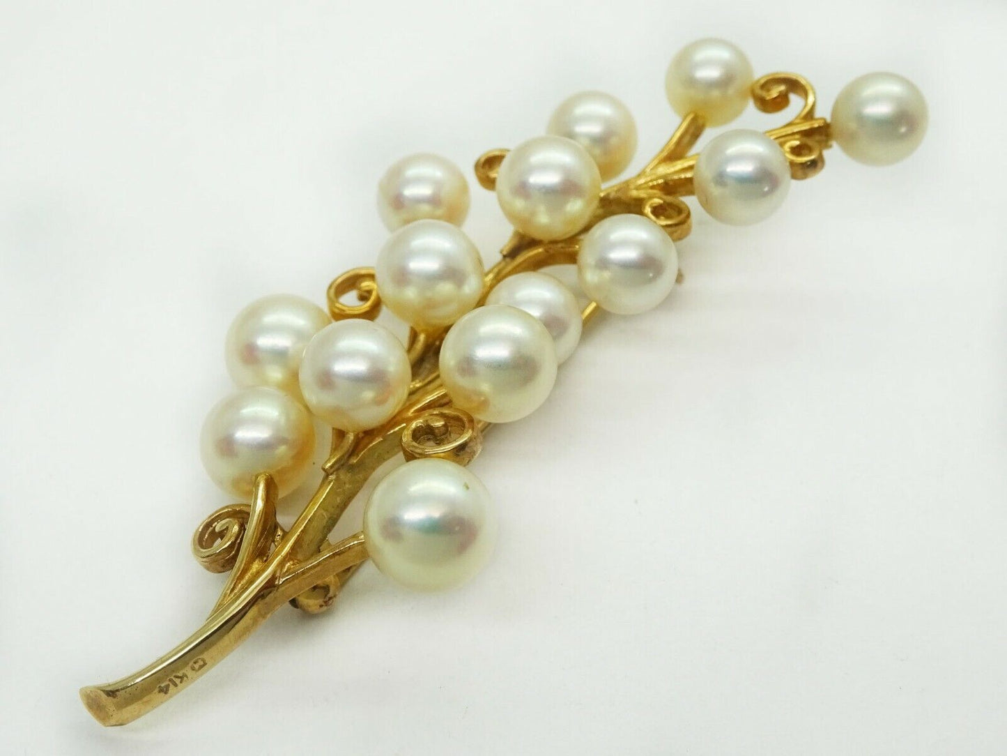 Mikimoto Akoya Pearl Swirling Branch Brooch Pin 14k Gold