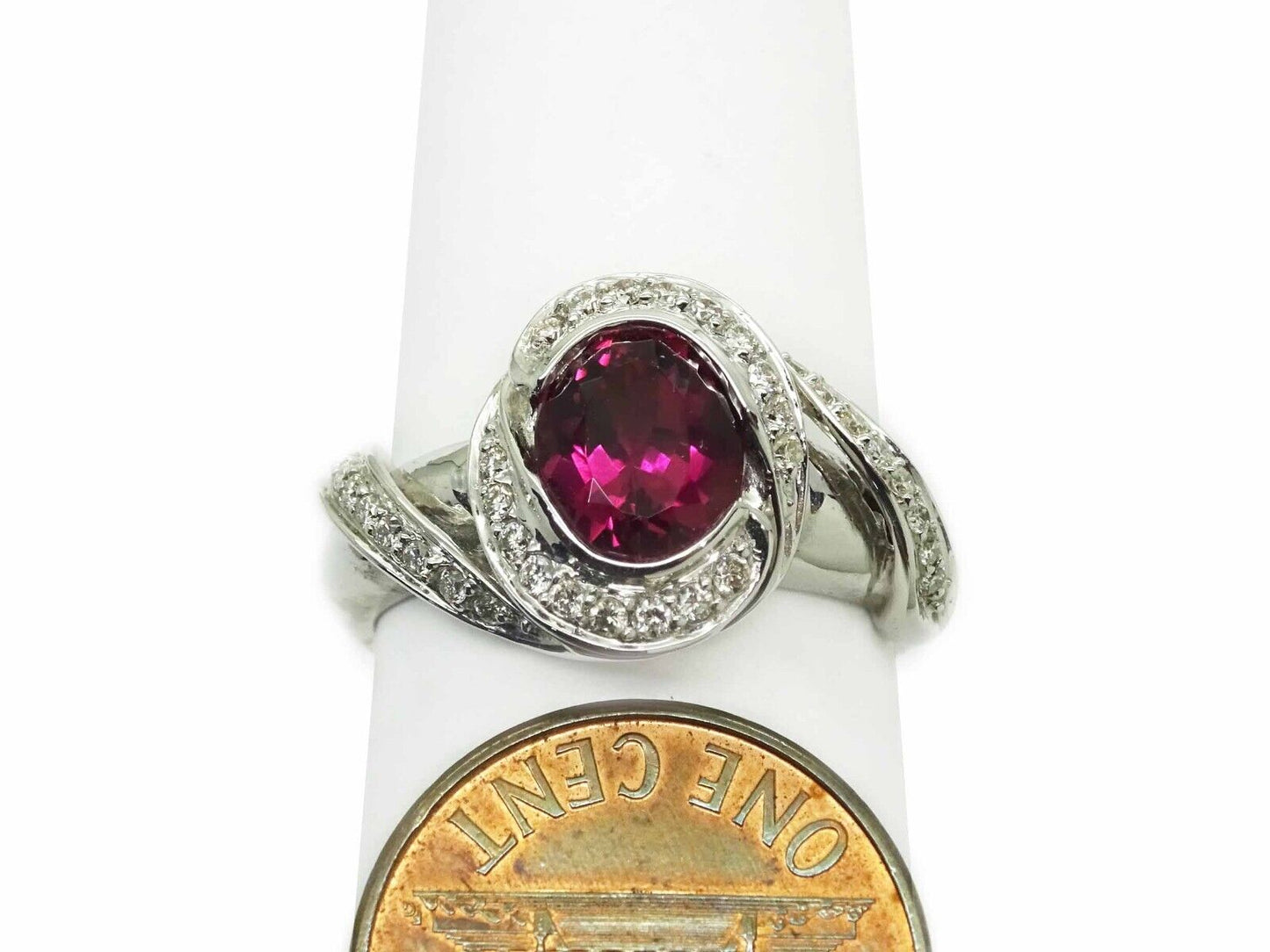 Natural Rubellite Tourmaline & Diamond Ring 14k White Gold Size 9