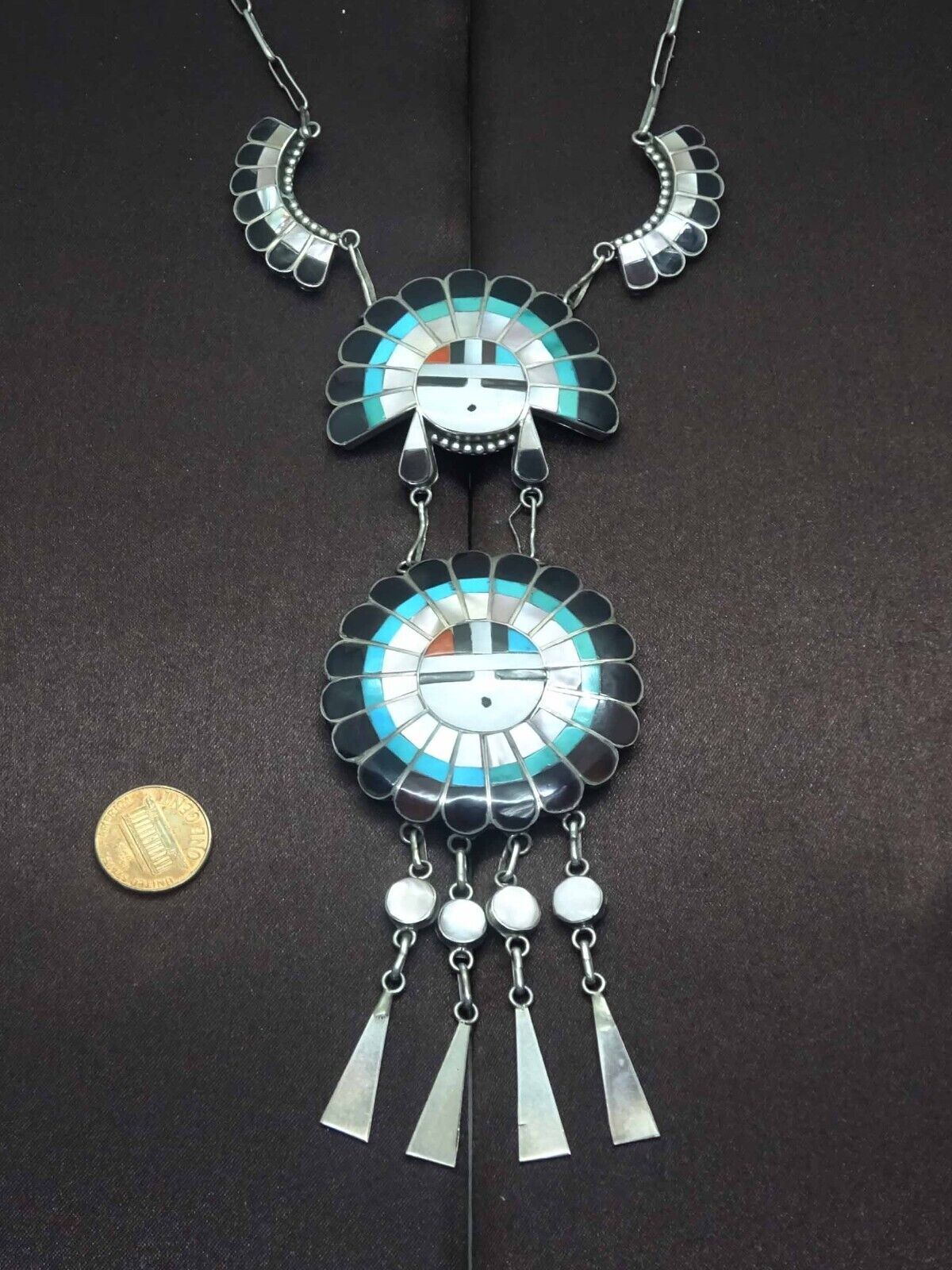 J.D. Massie Inlay Turquoise Coral Jet Mother-of-Pearl Zuni Sun God Necklace